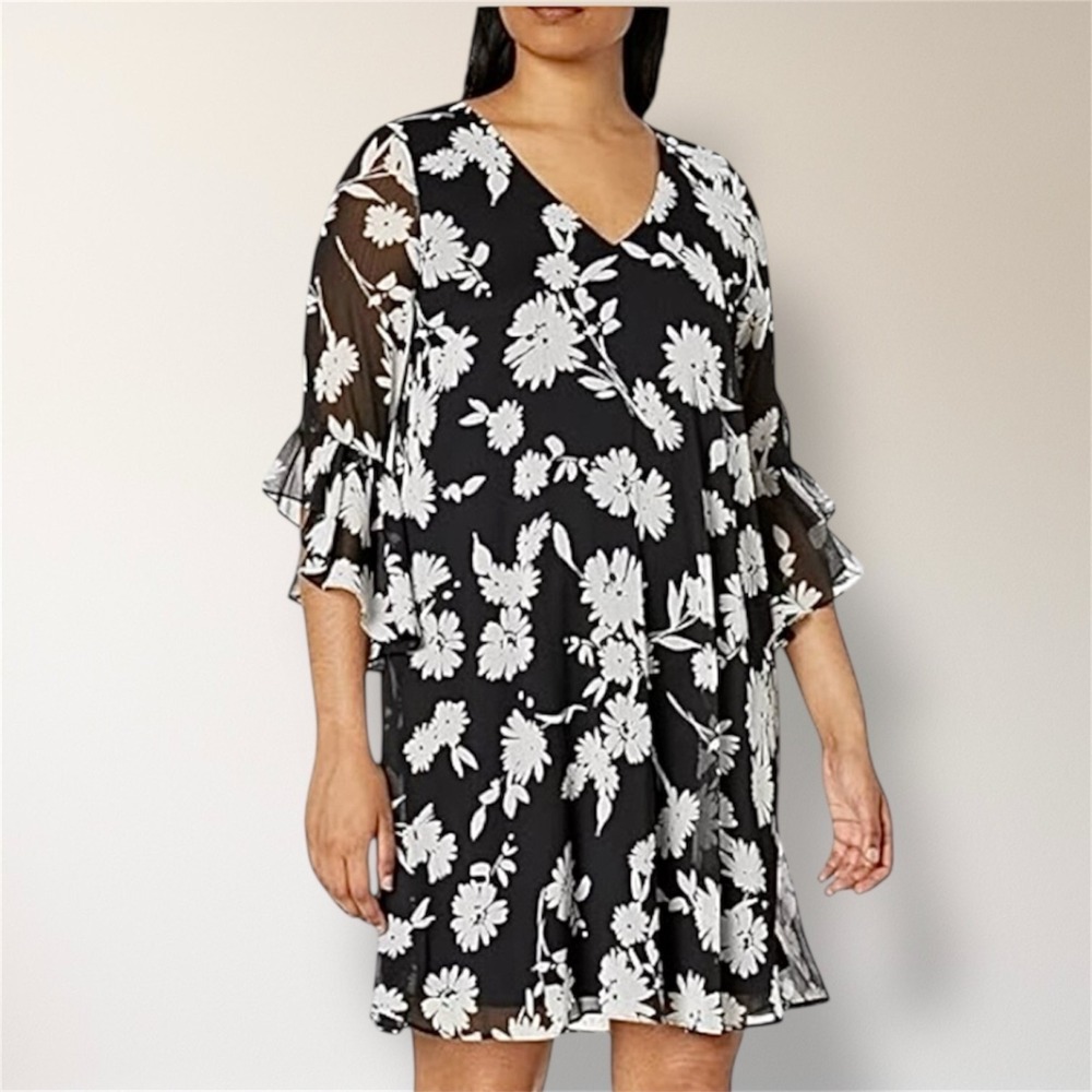 Calvin Klein Black Floral Chiffon Dress‎ Flutter Sleeve Spring Wedding Guest